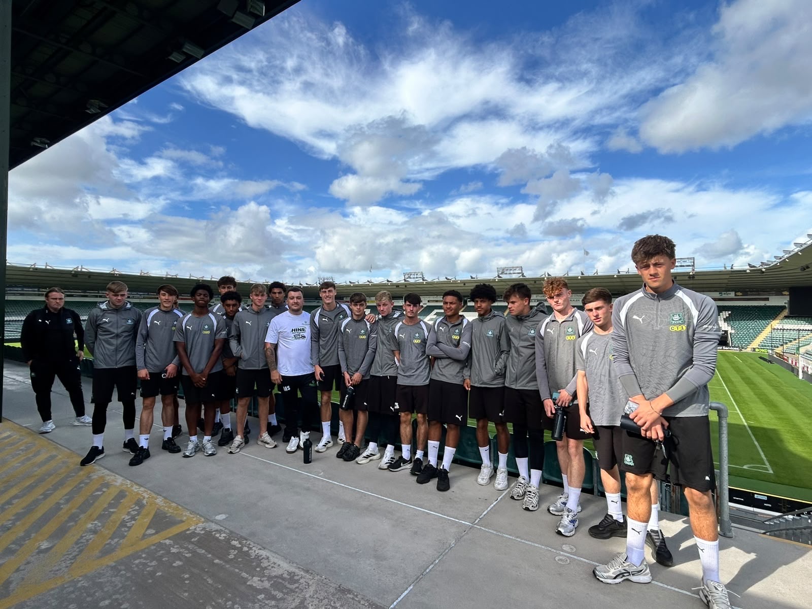 Macauley South with Plymouth Argyle Academy Under-18 players at Home Park after The Prevention Project’s first gambling-harm prevention workshop